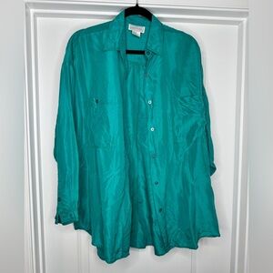 Vintage Croquet Club Women’s Teal 100% Silk Button Down / Button Up Blouse, Sz M